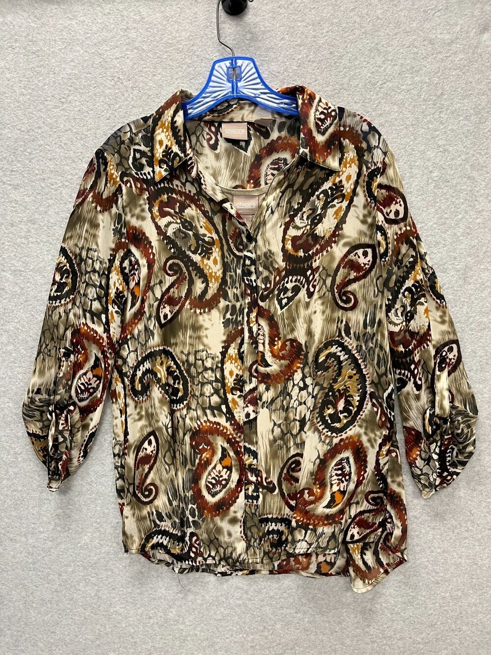 Chicos 2 Piece Set Shell Blouse Shirt Womens Size 1 M Brown Gold Paisley Boho
